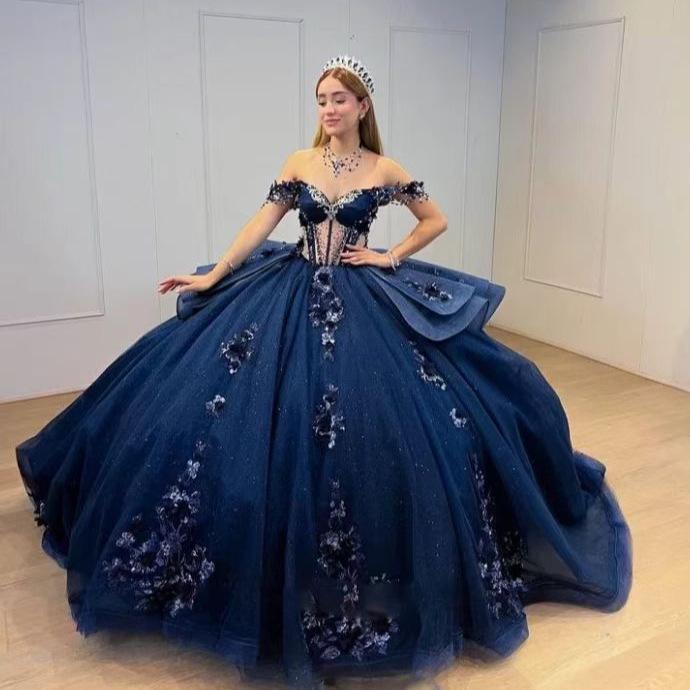 European and American sexy one-word shoulder navy blue off-the-shoulder bar mitzvah dress 1011 new applique fluffy colored yarn princess dress