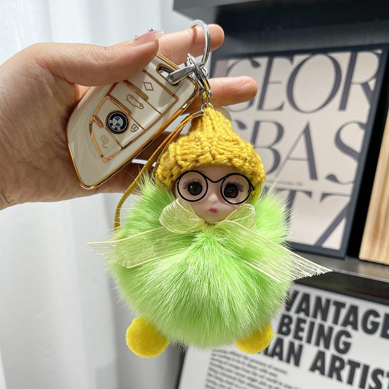 Pompom Sleeping Baby Keychain Cute Fluffy Plush Doll Keyholder Women Girl Bags Keyrings Cars Key Ring Gift Charming Decoration