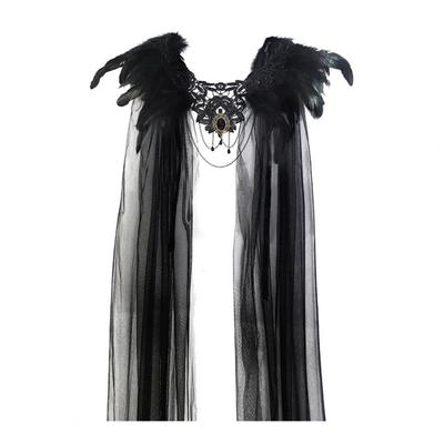Design Black Yarn Black Tulle Draped Veil Black Feathered Shoulder Wrap Cape with Lace Collar Tulle Veil for Women for Halloween