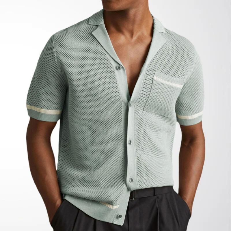 Mens Casual Cuban Collar Knitted Short Sleeve Openwork Polo Shirt M серый