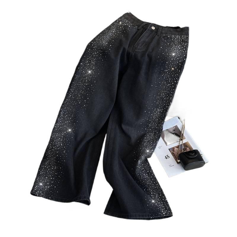 Li Wanjun Korean Style High-Waist Straight Leg Slimming Denim with Large Particle Rhinestones