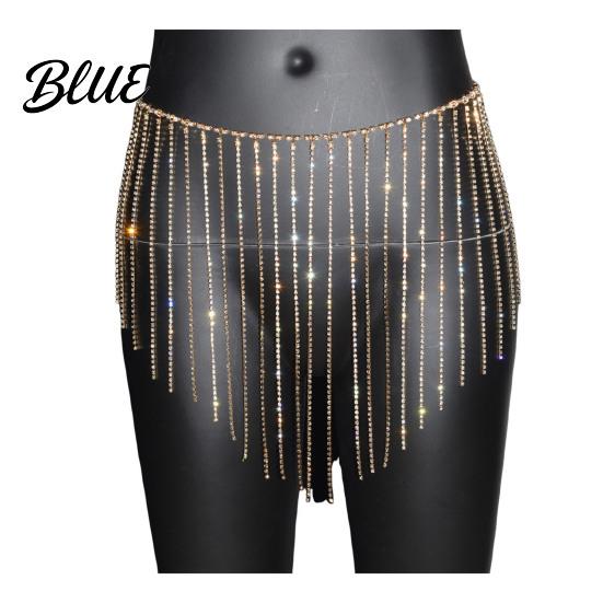 Shimmering Rhinestone Hip Belt Tassel Waist Chain for Women Sparkly Sexy Belly Dance Body Skirt-Style Skirt Festival Outfits Accessory Elastic Stage