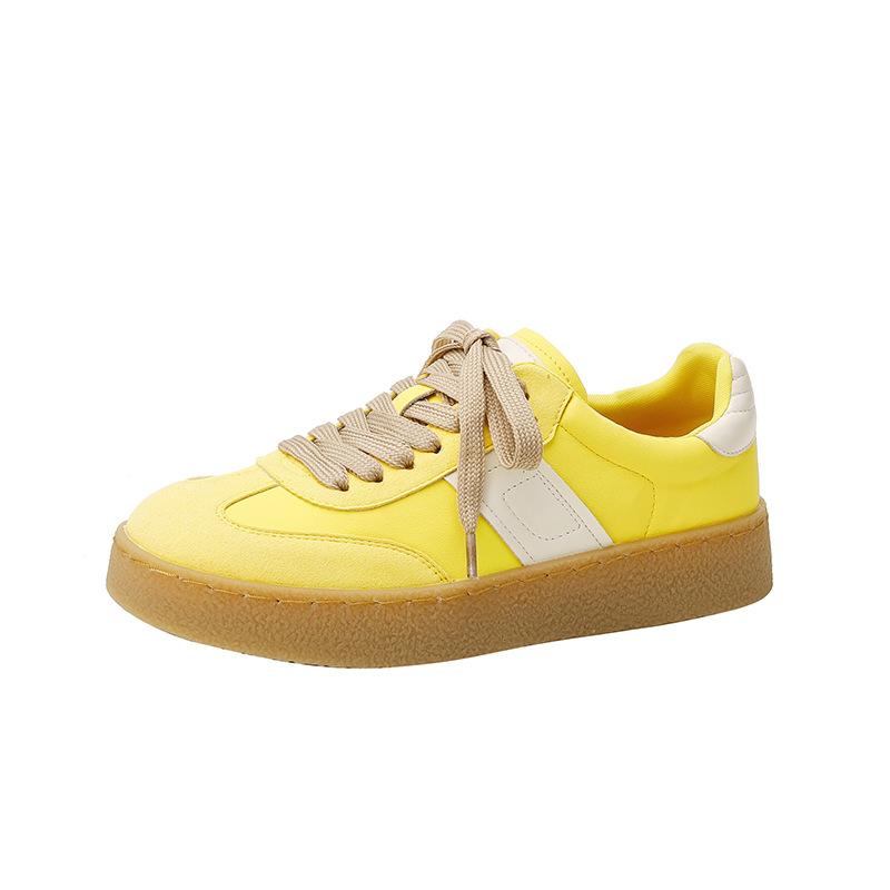 

Spring and summer new leather thick-soled color matching round head Dexun shoes lace-up casual board shoes women 40 лимонно-жовтий колір