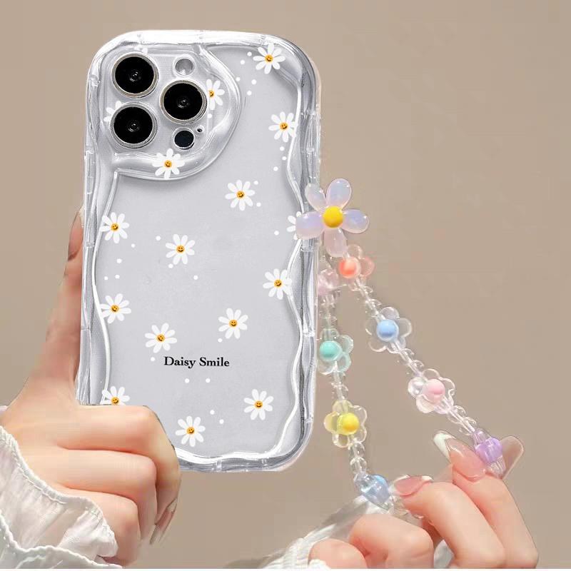 Clear Floral Leaf Chain Strap 3D Wave Case For IPhone 17 16 15 14 13 12 11 Pro Max 17 Pro 17 Air 16e 16 Plus 13 Mini Soft Cover