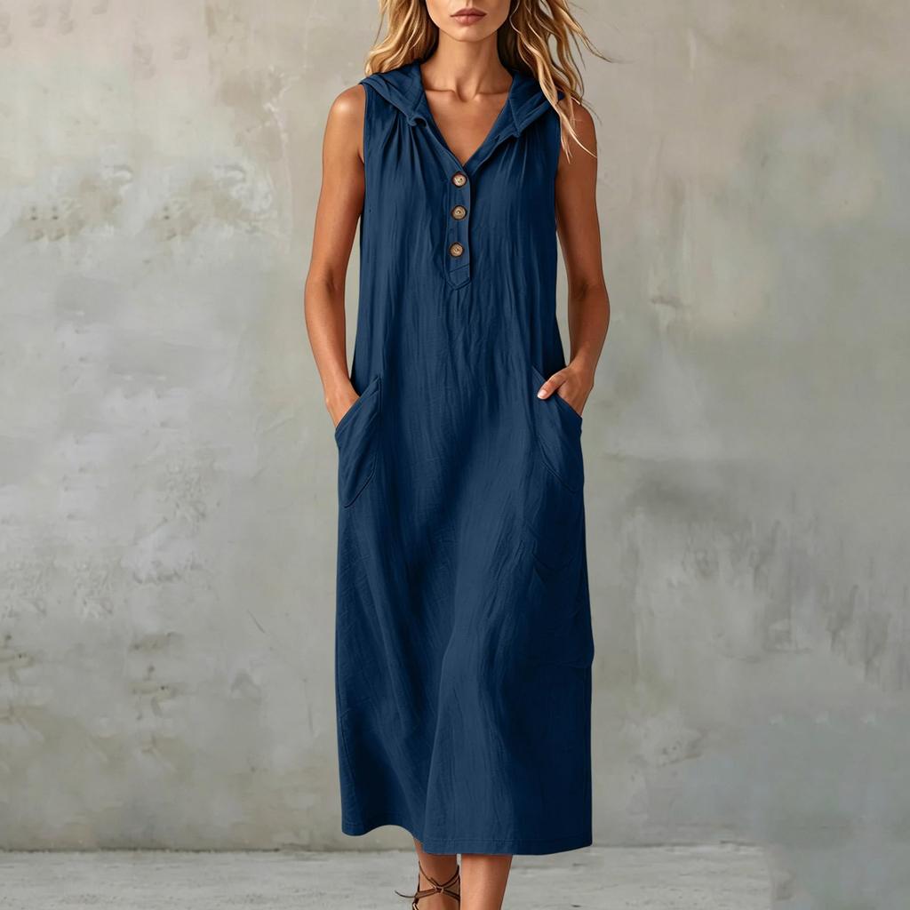 Women's Fashion Color Hooded Buttoned Pocket Sleeveless Casual Loose Dress