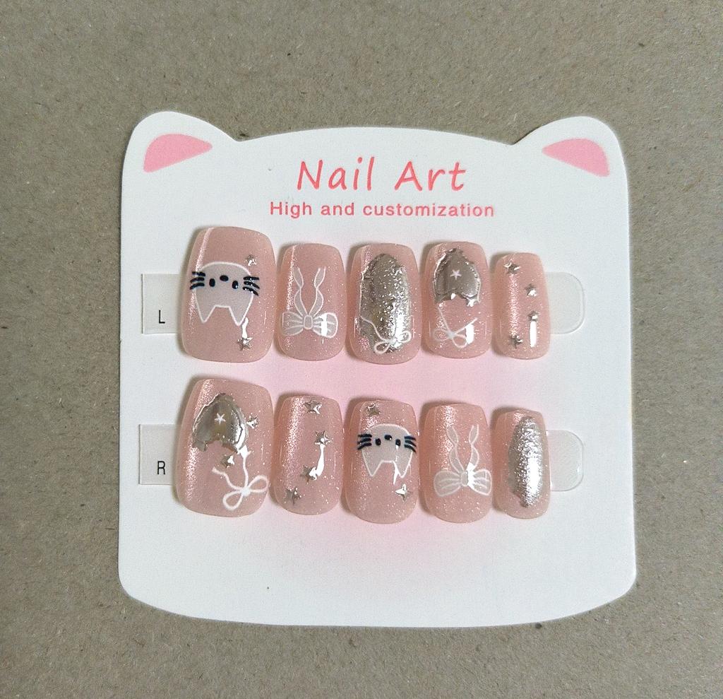 10pcs Handmade Short Square Press On Nails Kawaii Cat Bow Silver Heart Star Pink Glitter Full Cover Reusable False Nails