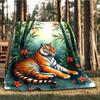 1pc Tiger Bamboo Flowers Throw Blanket Polyester Fiber, Lightweight Flannel, Soft & Warm, All Season Use for Outdoor, Camping Digital Print