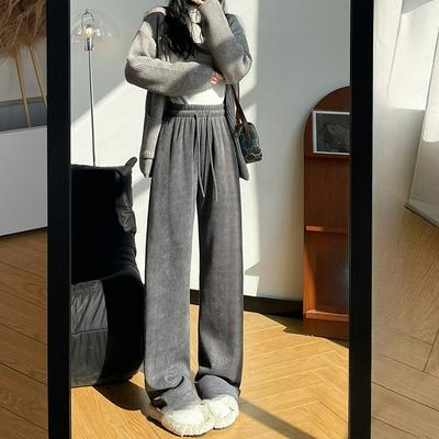 Fischgräten-Chenille Weitbeinige Hosen Damen Herbst und Winter Plus Samt Hosen Sind Dünn, Locker Lässig Hochtailliert Gerade Bein Hosen