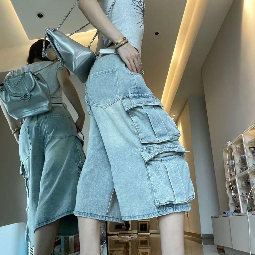 Unisex High Street Cargo Denim Shorts - Summer Loose Fit, Casual Three-Quarter Wide-Leg Pants.