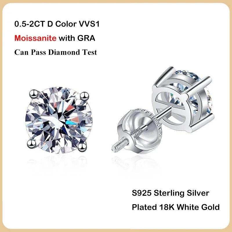 D Color 0,5-2CT Cercei cu șurub moissanit cu 4 dinte pentru femei, fete, bijuterii fine, cercei cu diamante din argint S925