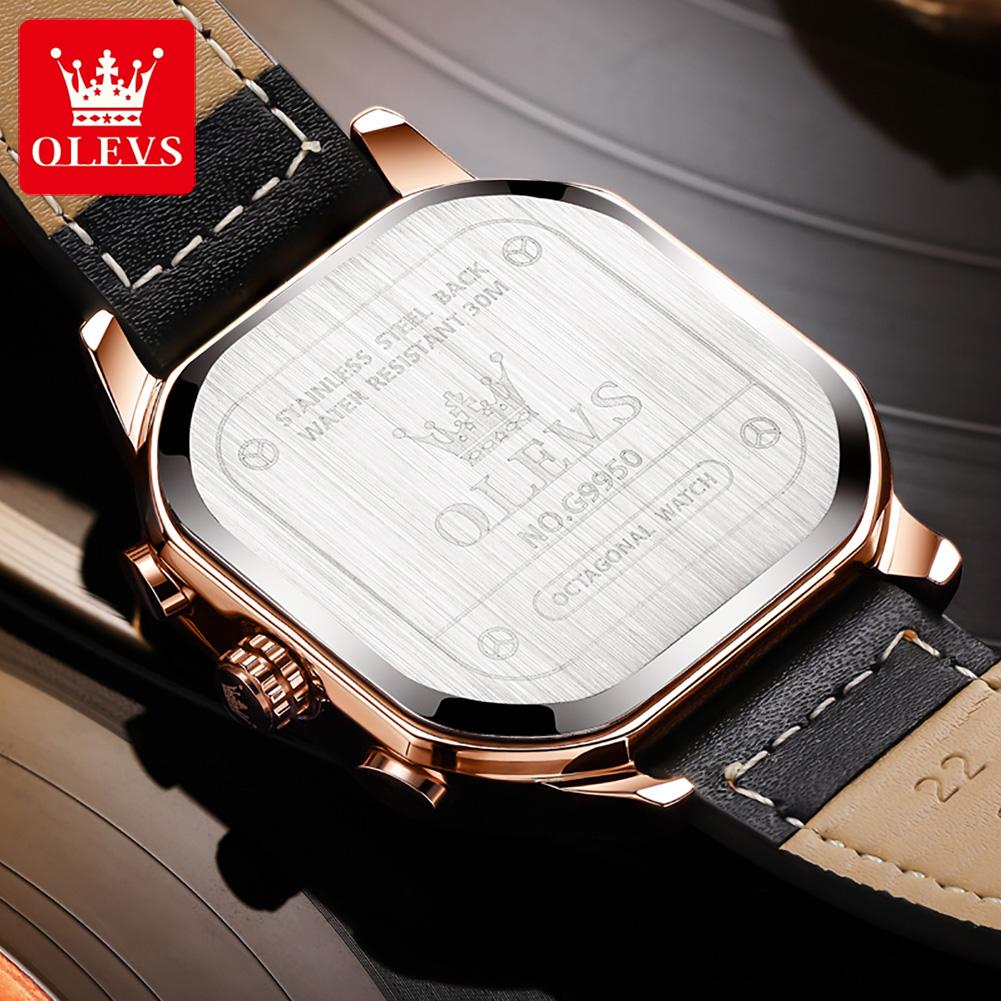 OLEVS 9950 Trend Brand Original Men's Watches Square Waterproof Chronograph Quartz Watch Luminous Leather Strap Male Wristwatch