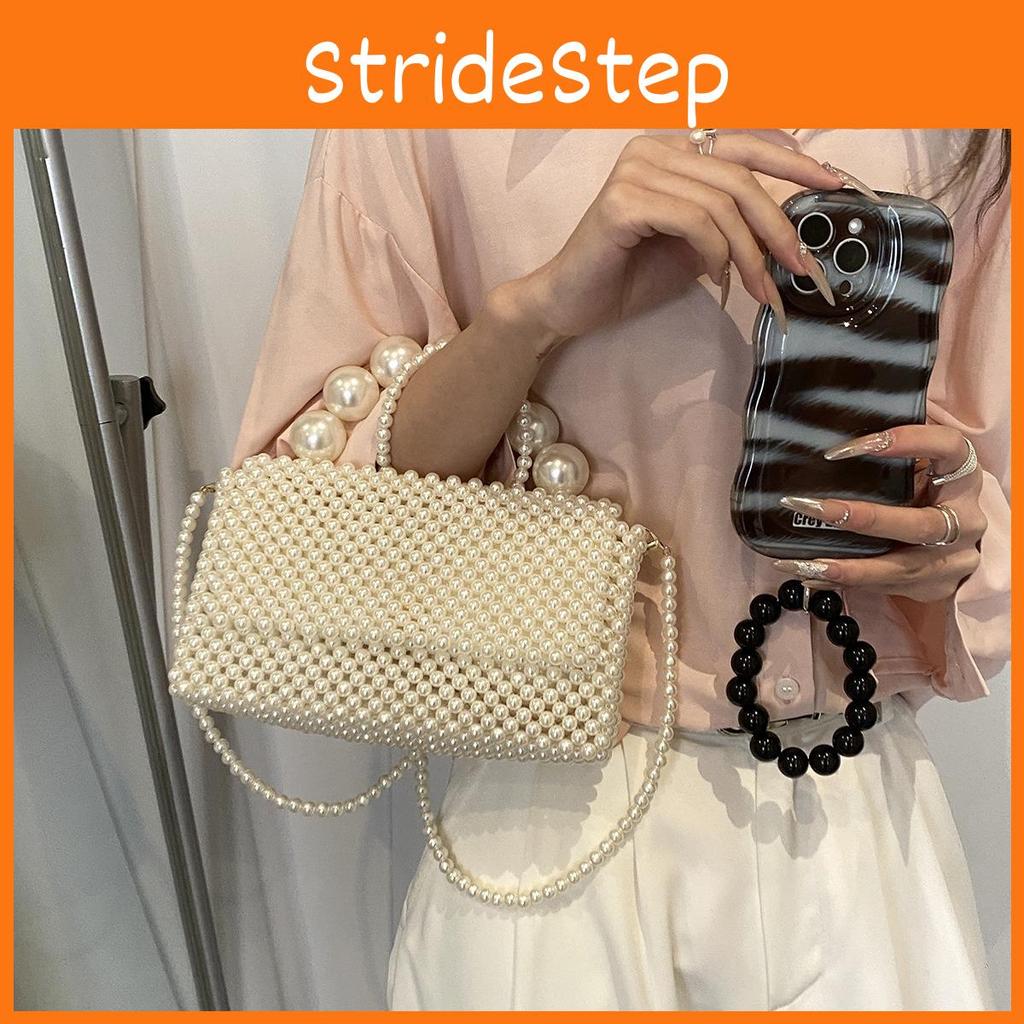 Beading Handwoven Lady Girl Travel Mini Bag Pearl Decor Magnetic Closure Flap