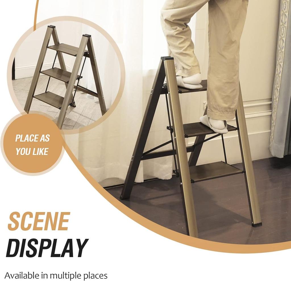 3 Step Ladder, Folding Ladder Stool, Wider Upgraded Non-Slip Treads, Portable Lightweight Ladder for Home and Kitchen, Holds up to 330 Lbs.