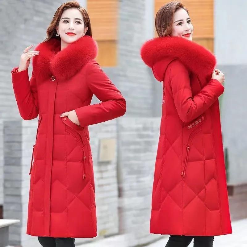 Women Winter Temperament Elegant Long Embroidered Warm Coat Solid Color Hooded Slim Jacket