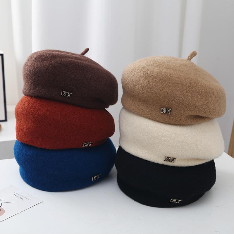 Wool Beret Women's Autumn and Winter Literary Pleated Edge Metal Letter Mark Retro Warm Pumpkin Hat