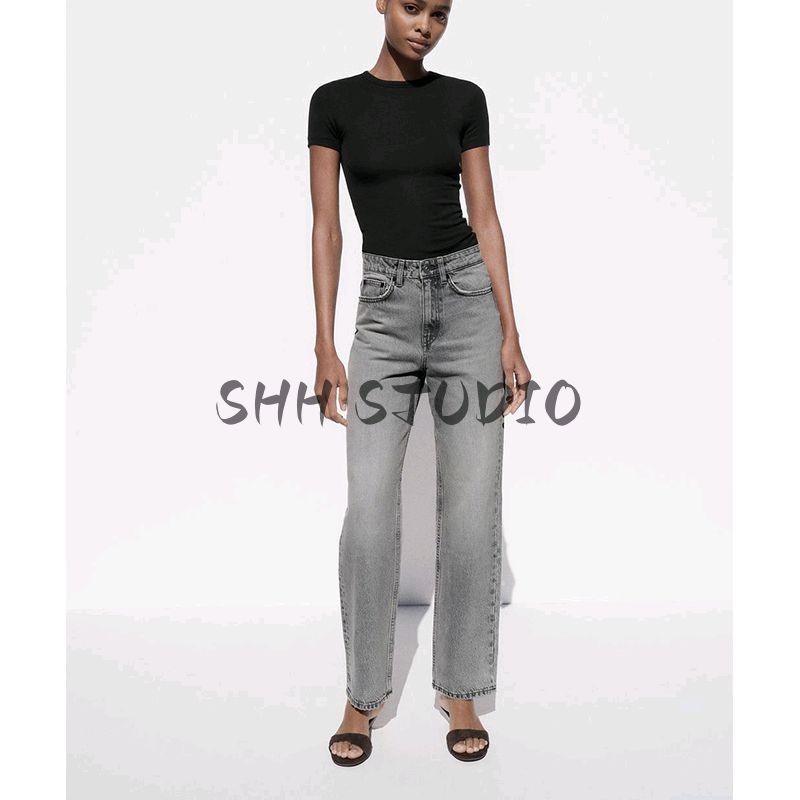 Spring New Women's Clothing Casual All-Matching Straight High Waist Cotton Loose Plaid Denim 2569047