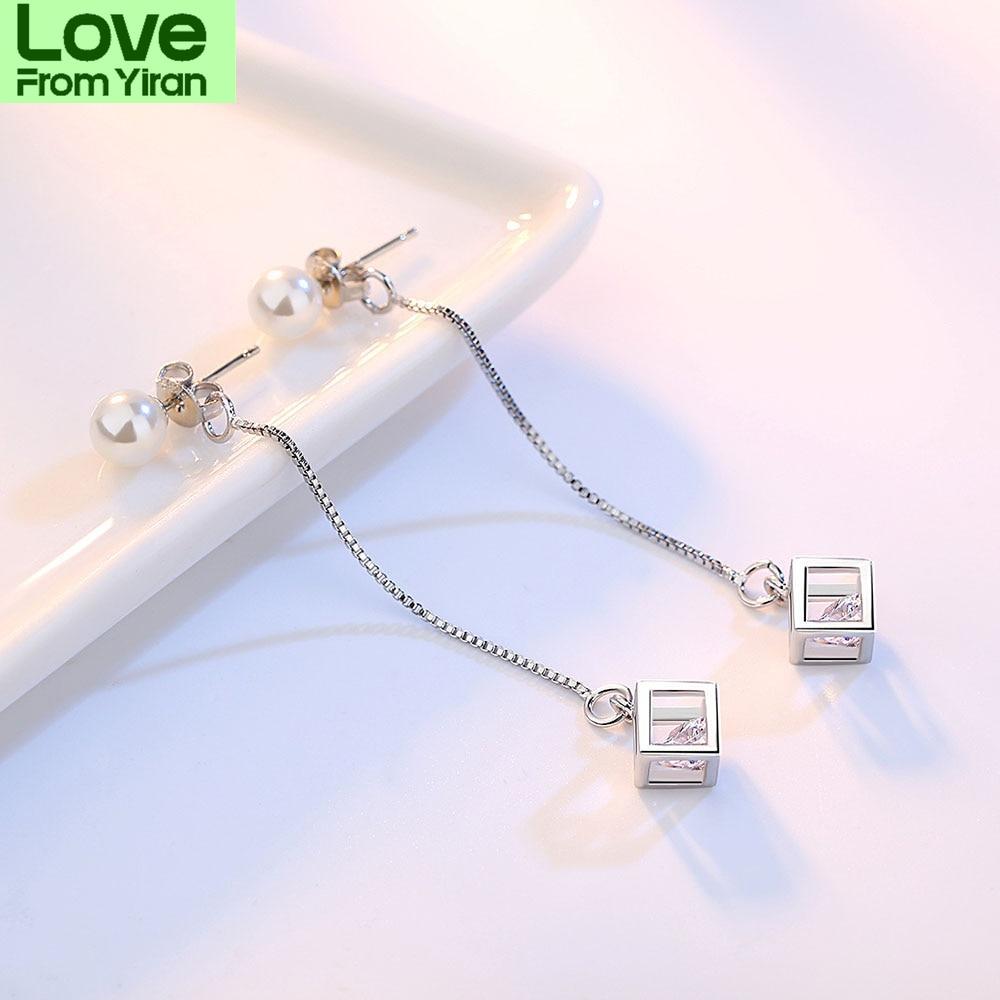 New 925 Sterling Silver Women Pendant Fashion Square Ear Line All -Match Pearl Ear Studs High Quality Zircon Pair Earring Jewelry