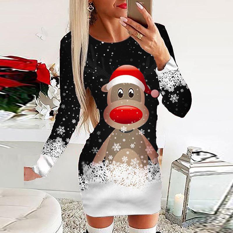 Christmas Dress Women O Neck Long Sleeve Elk Print Mini Dresses For Women Casual Bodycon Dress Red