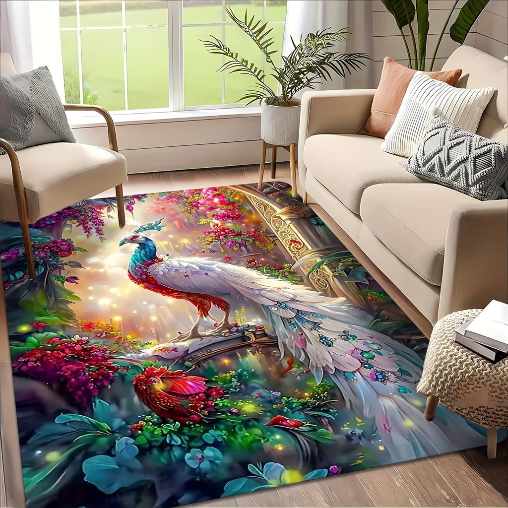 Vibrant Peacock Floral Fantasy Area Rug Nature Print Boho Style Decor Floor Mat for Living Room and Hallway Accent Rug