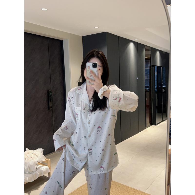 

Женская пижама из ледяного шелка - Тонкая, с длинным рукавом и брюками, Милый мультяшный дизайн в горошек для весны и осени M