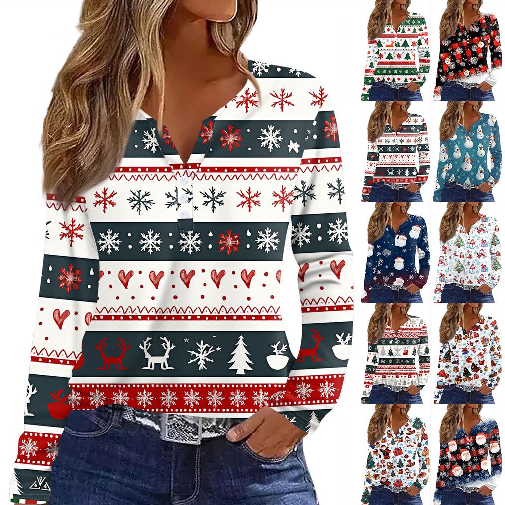 Women's T Shirt Tee Christmas Printed Button Long Sleeve Tunic Daily Weekend Fashion Basic V- Neck Regular Top
