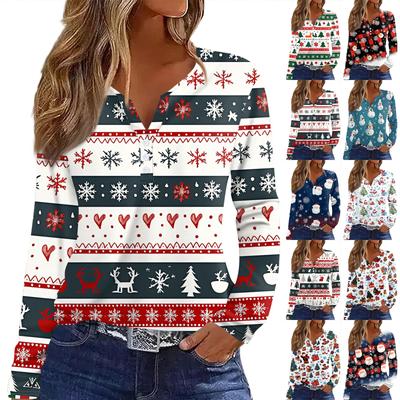 Women's T Shirt Tee Christmas Printed Button Long Sleeve Tunic Daily Weekend Fashion Basic V- Neck Regular Top