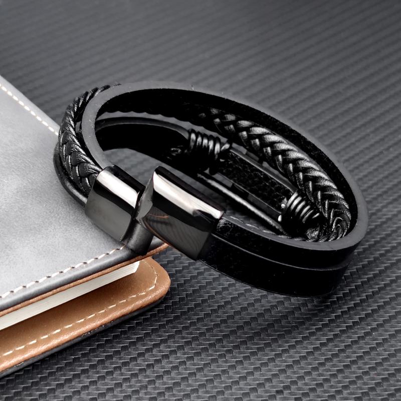 Charm Stainless Steel Leather Cross  Brown/black Bracelet Men Hiphop Jewelry Magnetic Clasp Mutilayer Male Cuff Wrap Bangle Gift