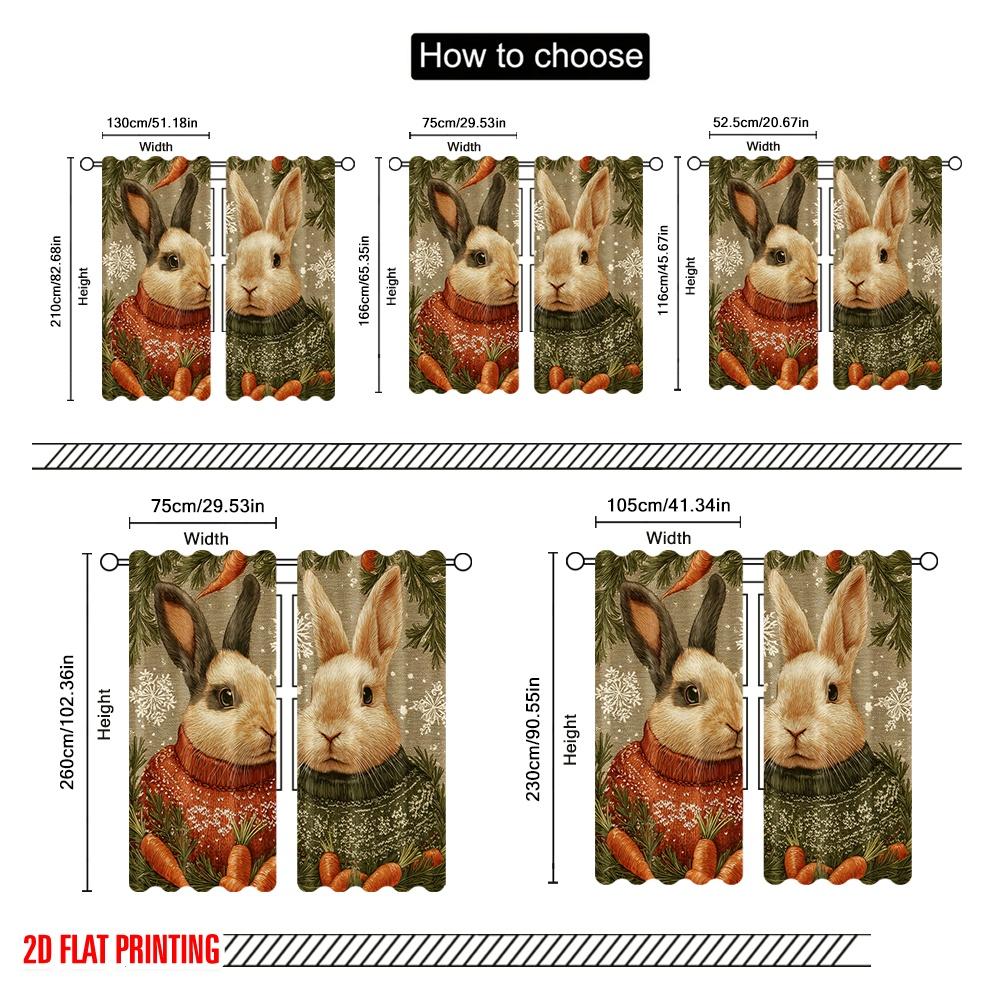2pcs,2D Plane Printing Popular Curtain Panels Rabbit with Pine Branches & Snowflakes Versatile Durable Polyester (without Rod)
