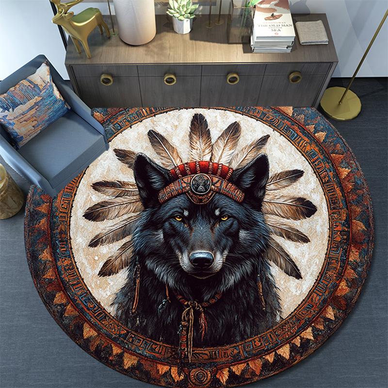 Wolf Chief Round Area Rug,Carpet Rug for Living Room Bedroom Sofa Playroom Decor,Non-slip Floor Mat