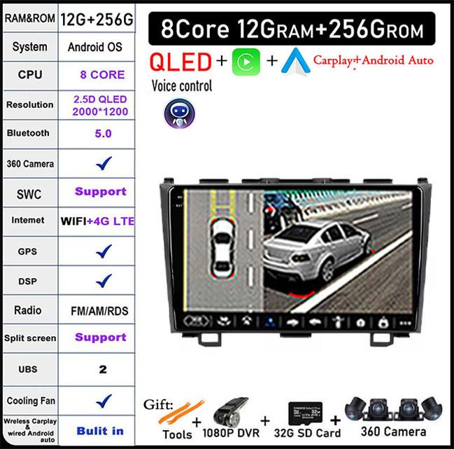 9 Lnch Android 14 For Honda CRV CR-V 3 RE 2006-2012 Car Radio GPS Navigation Multimedia Player Stereo Head Unit QLED Screen