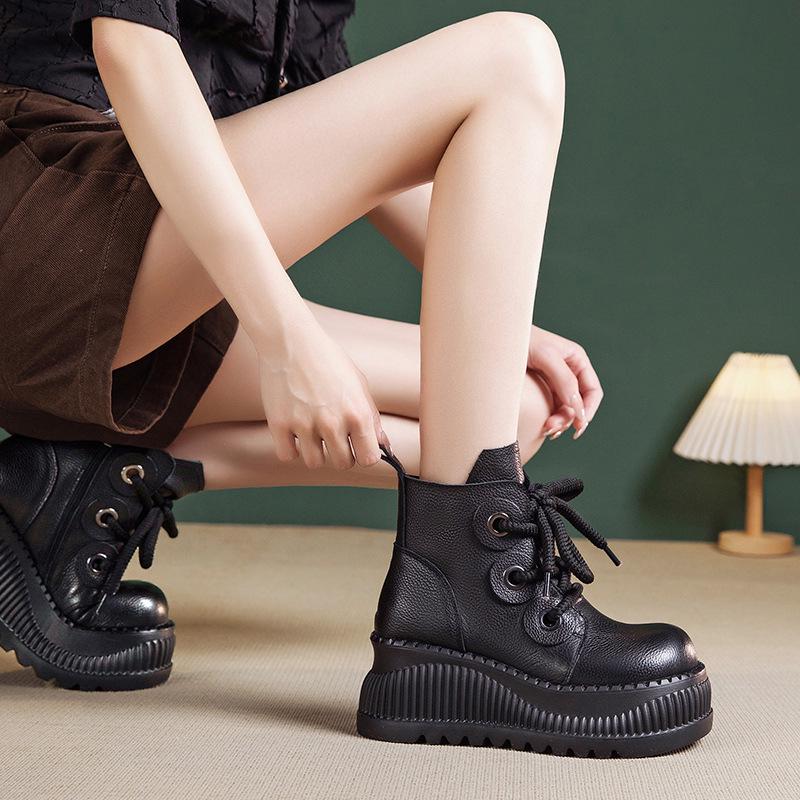 Women's Genuine Leather Retro Platform Ankle Boots - Lightweight, Soft, High-Top (2025 Autumn/Winter Collection)