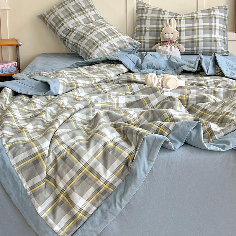Plaid Summer Cool Quilt Washed Cotton Comfortable Lightweight Air Condition Thin Comforter Simple Feather Blanket for Adults Kid