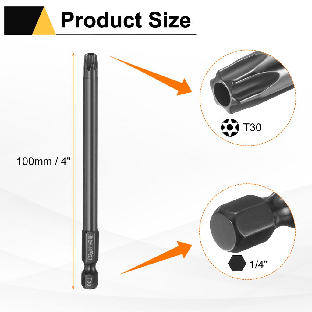6pcs T6-T40 Torx Screwdriver Bit 1/4" Hex Shank 75mm/100mm S3 Steel Magnetic Tamper Proof Star 6 Point Head Hex Screw Driver Bit