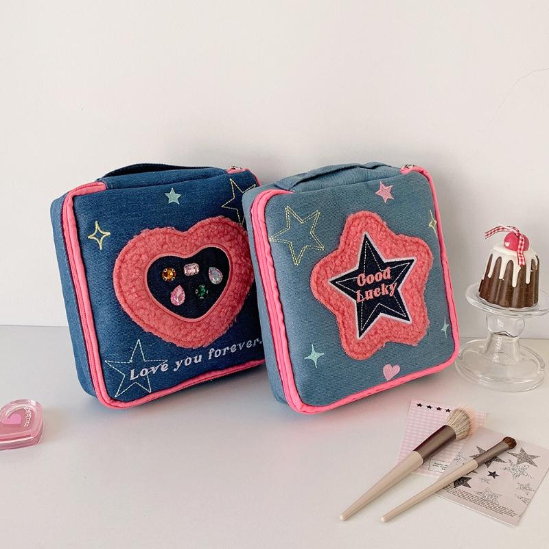 Denim Fabric Portable Cosmetic Bag with Zipper Large Capacity Travel Storage Toiletry Bag for Girls Creative Makeup Supplies New
