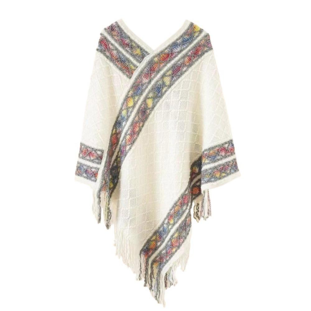 

Rhombic Ethnic Style Scarf Stripe Imitation Cashmere Shawl Large Tassel Scarves Travel Vacation белый