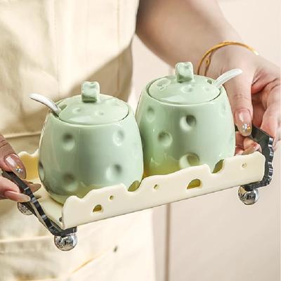 Cheese-shaped Ceramic Seasoning Jar Set Home Kitchen Ceramic Salt Jar Seasoning Bottle Jar Seasoning Box with Lid Spice Bottle