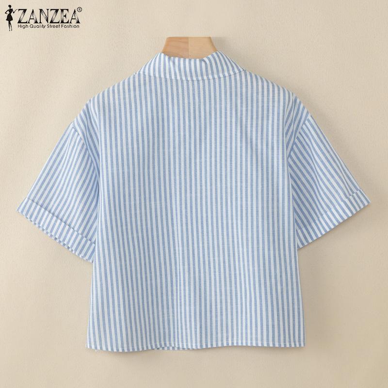 ZANZEA Women Turn Down Collar Summer Short Sleeve Stripe Blouse
