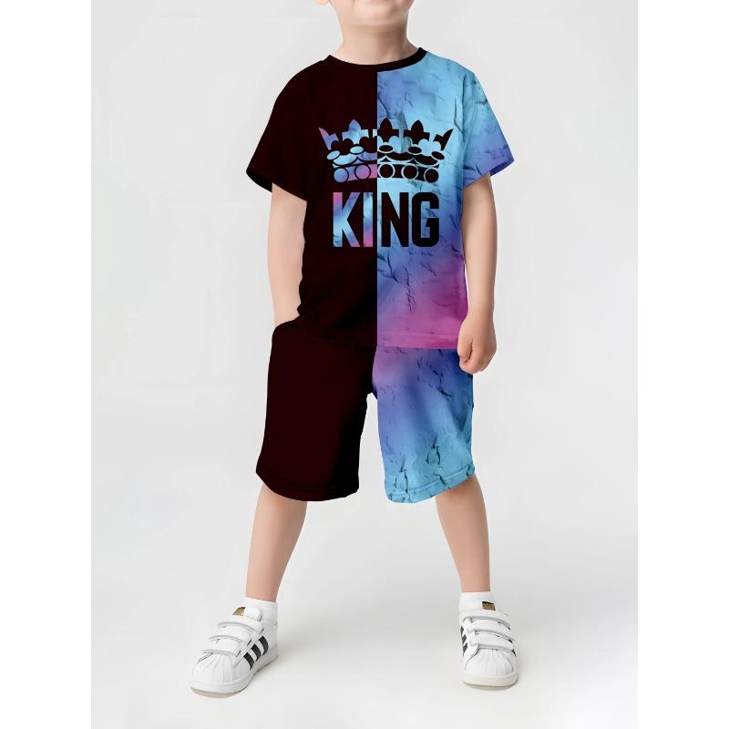 2025 Summer New Children's Set Girls' Summer Set Short Sleeve T-shirt Boys' Shorts 3D Crown Printed Casual Round Neck Children's