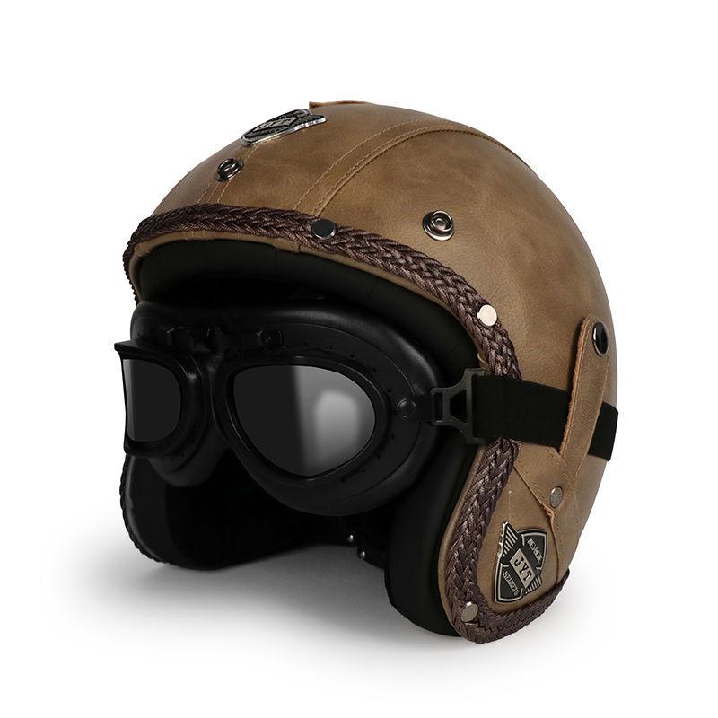 Retro Helmet Electric Motorcycle Leather Helmet Summer Pedal Cruise Motorcycle Harley Men and Women Three Quarter Helmet Half Helmet