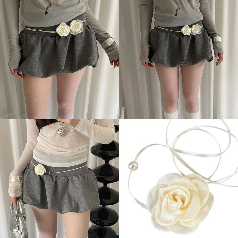 Elegant Rose Waist Chain Choker Necklace Imitation Pearls Floral Collar Chain Jewelry for Women Adjustable Length