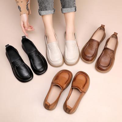 Γυναικεία Loafers Leisure Ευέλικτα Γνήσιο δέρμα μονόχρωμο, στρογγυλά παπούτσια με μαλακή σόλα