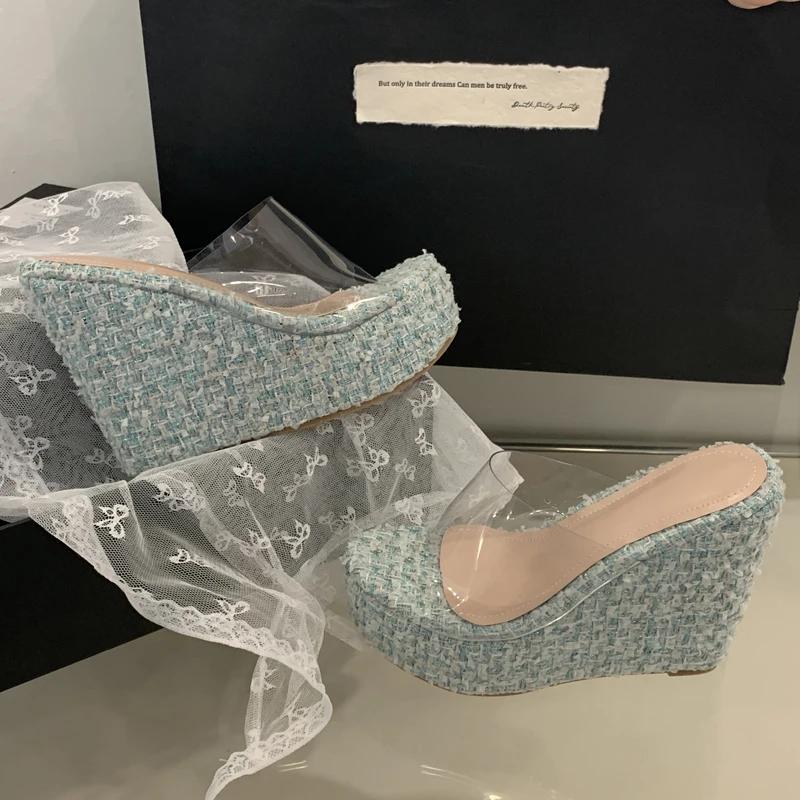 

Летняя мода ПВХ Прозрачные туфли на танкетке Женские шлепанцы с открытым носком для банкета Вечерние женские туфли 35 зелёный