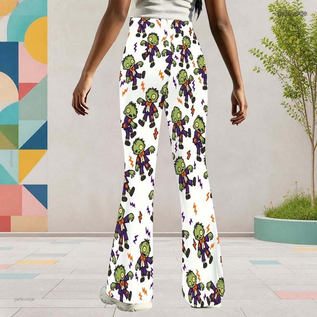 Girls Cartoon Potted Carnivorous Plant Print White High Waist Flare Pants