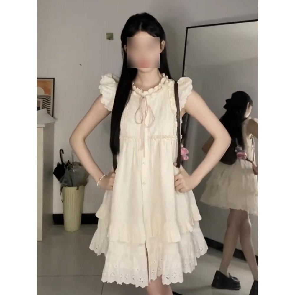 

Милое маленькое платье с рукавами-крылышками, женское летнее новое, для девочки, с фестончатым краем, тонкая юбка, маленькая А-силуэтная юбка S- (can be worn within 45kg)
