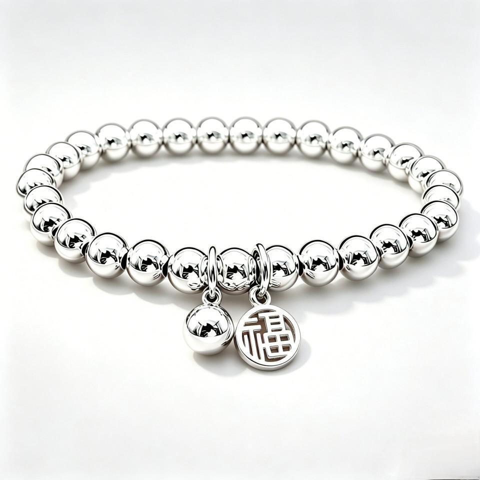 Sterling Silver999Bracelet with Fortune Charm, Pure Silver Fortune Beads, Round Shiny Beads, Non-fading Jewelry, Birthday Gift for Girls