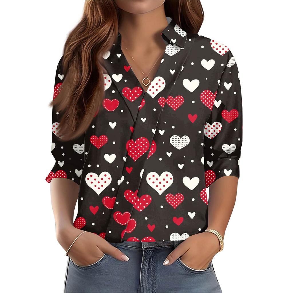 Damen 3/4-Ärmel V-Ausschnitt Hemd Bedruckte Arbeitskleidung Lässig Regulär Hemdkragen Oberteil