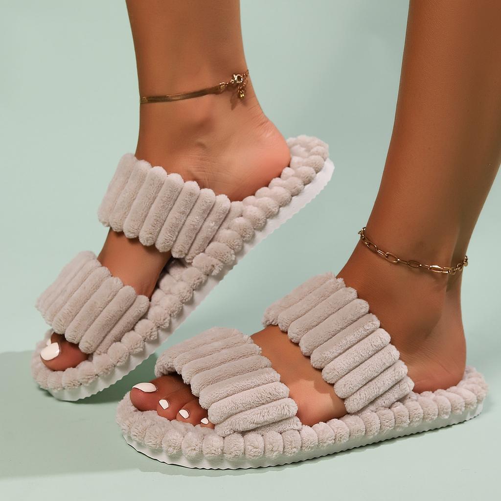Fashion Corduroy Cross Strap Home Slippers Men Soft Warm Flat Slides Women Family Indoor Fashion Concise Plush Sandals for Four Seasons