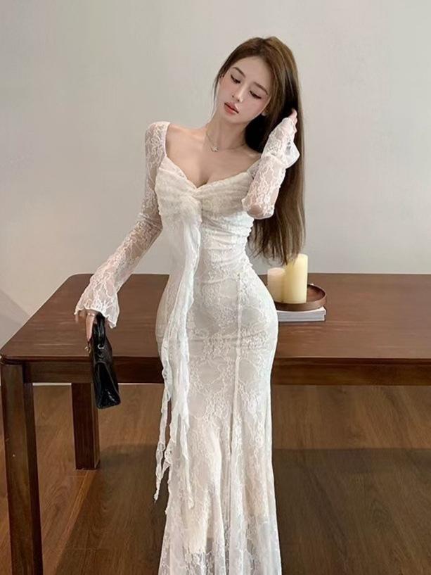 French 3D Floral Ribbon Long Sleeve Lace Fishtail Evening Dress for Women - Autumn Elegance.