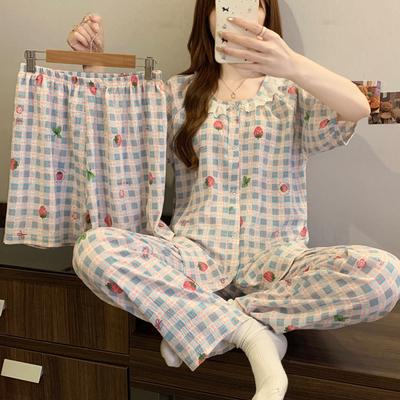 Pyjama d'été pour femme à manches courtes et short en coton à carreaux style rétro avec dentelle et col rond, ensemble trois pièces