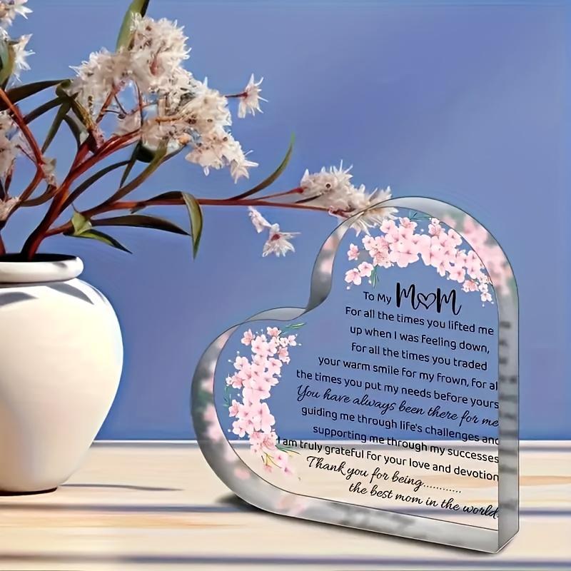 2D Flat Heart-Shaped Acrylic Mom Appreciation Desktop Decorative Plaque, Floral Design, Home Decor Plaque Hanging Wall Art Decorative Garden Decoratio